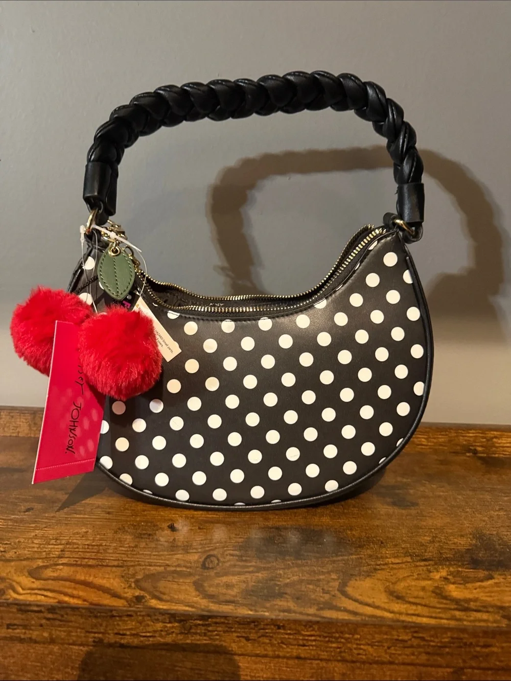 Betsey Johnson Black and White Polka Dot Crescent Shoulder Bag